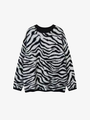 Fuzzy Zebra Print Crewneck Sweater – Black White Zebra, front view | XoKool
