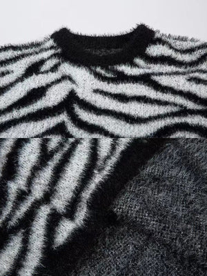 Zebra print sweater – Black White Zebra, neckline and fuzzy texture close-up | XoKool