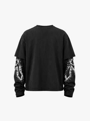 Goth Long Sleeve Shirt with Blackletter Cross Print – Black, back flat | XoKool