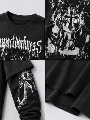 Goth Long Sleeve Shirt with Blackletter Cross Print – print, sleeve and hem close-ups | XoKool