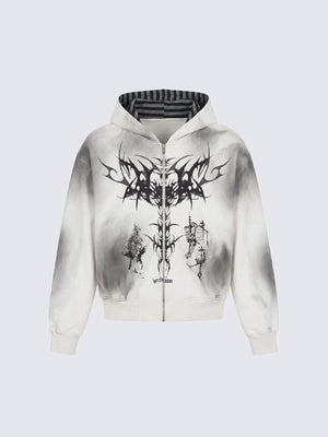 Goth Cropped Zip Hoodie mit Schwert-Print – Weiß, Vorderansicht | XoKool