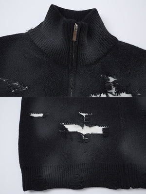 Gothic zip up sweater – Black, collar and holes close-up | XoKool