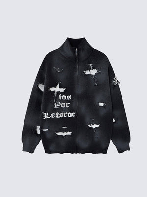 Gothic Bat and Cross Zip Up Knit Sweater – Black, front view | XoKool
