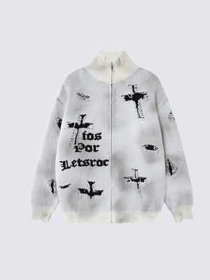 Gothic Bat and Cross Zip Up Knit Sweater – Light Grey, front view | XoKool