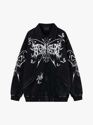 Gothic Butterfly Print Collared Zip-Up Jacket – Black, front view | XoKool