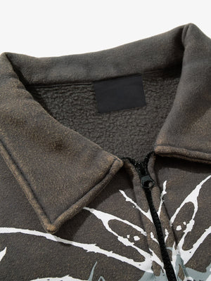 Gothic Butterfly Print Collared Zip-Up Jacket – Washed Brown, collar close-up | XoKool