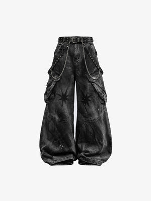 Gothic Cargo Pants with Waist Chains and Stars – Black, front flat | XoKool