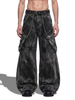 Gothic Cargo Pants with Waist Chains and Stars – on model, front | XoKool