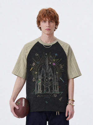 Gothic Cathedral Raglan Tee with Contrast Sleeves – on model, front | XoKool