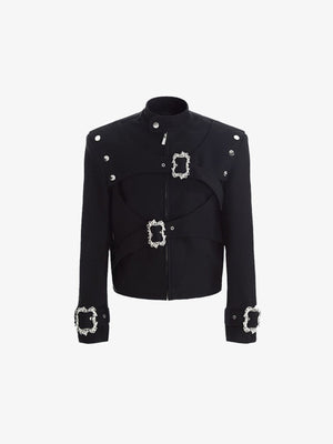 Chaqueta gótica negra corta con correas de hebilla – Negro, frente | XoKool