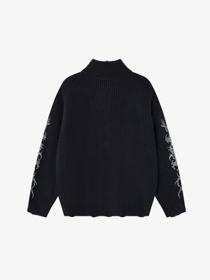 Gothic Cross Graphic Zip Up Knit Sweater – Black, back view | XoKool