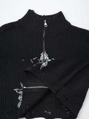 Gothic zip up sweater – Black, collar zip and hem close-up | XoKool