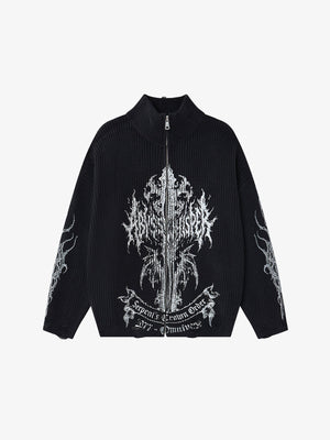Gothic Cross Graphic Zip Up Knit Sweater – Black, front view | XoKool