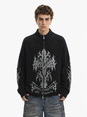 Gothic zip up sweater – Black, on model, front | XoKool