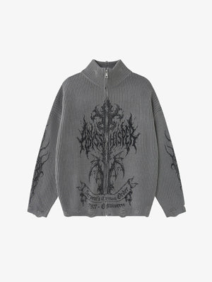 Gothic Cross Graphic Zip Up Knit Sweater – Grey, front view | XoKool