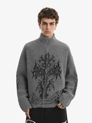 Gothic zip up sweater – Grey, on model, front | XoKool