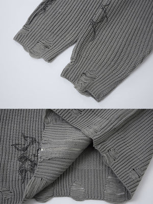 Gothic zip up sweater – Grey, sleeve cuff and hem distressing close-up | XoKool