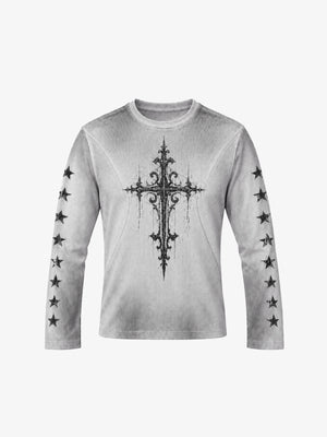 Gothic Cross Long Sleeve Tee in Washed Grey – Light grey, front flat | XoKool