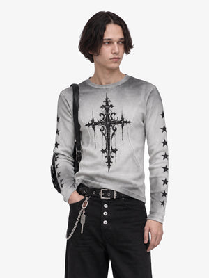 Gothic Cross Long Sleeve Tee in Washed Grey – on model, front | XoKool