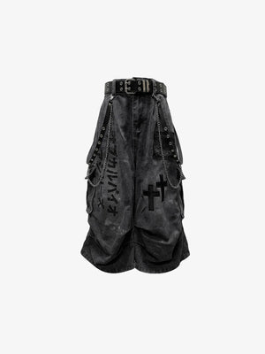Gothic Cross Print Capri Jeans with Chains – Black, front flat | XoKool
