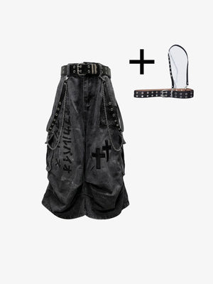 Gothic Cross Print Capri Jeans with Chains – Black, front with belt set | XoKool