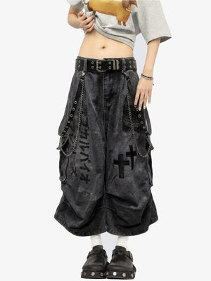 Gothic Cross Print Capri Jeans with Chains – Black, on model, front | XoKool