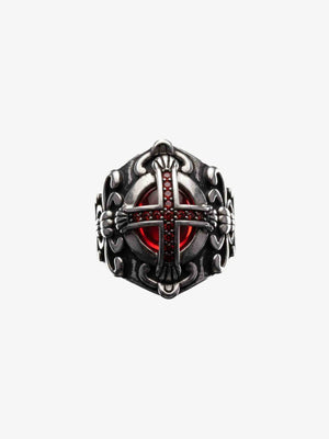 Gothic Cross Ring with Red Stones – front view | XoKool