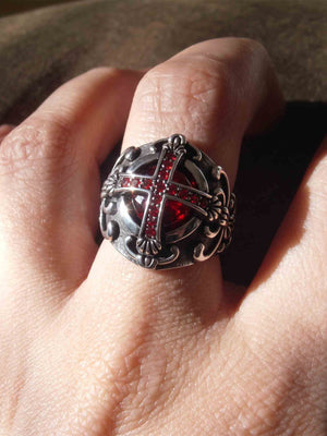 Gothic Cross Ring with Red Stones – on hand close-up | XoKool