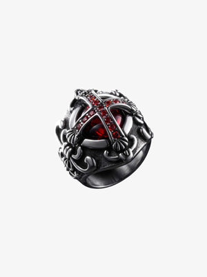 Gothic Cross Ring with Red Stones – product view, angled | XoKool