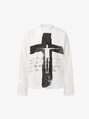 Camiseta de manga larga gótica de tela waffle con cruz y tachuelas – blanca, vista frontal | XoKool