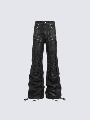 Gothic Lace-Up Flare Pants with Zips – Black, front view | XoKool