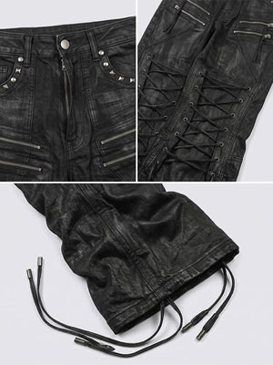 Gothic Lace-Up Flare Pants with Zips – Black, waist, lace-up and hem close-ups | XoKool
