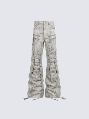 Gothic Lace-Up Flare Pants with Zips – Light Grey, front view | XoKool