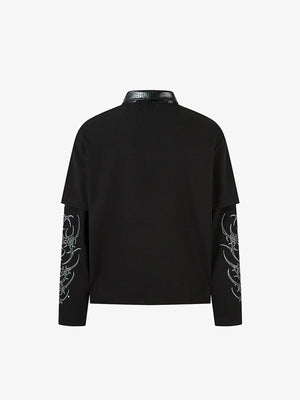 Gothic Long Sleeve Polo Shirt with Leather-Look Collar – back flat | XoKool