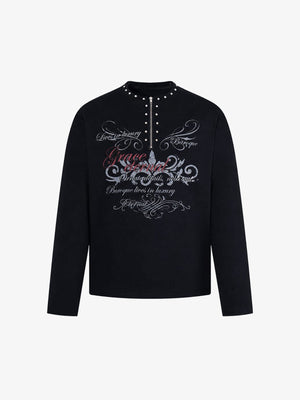 Gothic Long Sleeve Shirt with Studded Half Zip – Black, front view | XoKool