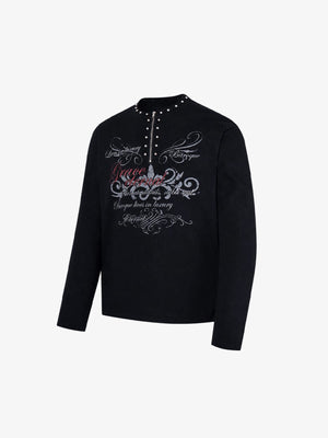 Gothic Long Sleeve Shirt with Studded Half Zip – front angled flat | XoKool