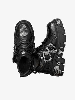 Gothic Platform Shoes with Flame Buckle and Metal Plates – Black pair, top and side view | XoKool