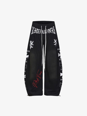 Gothic Print Washed Wide Leg Sweatpants – Black, front flat | XoKool