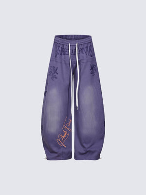 Gothic Print Washed Wide Leg Sweatpants – Purple, front flat | XoKool