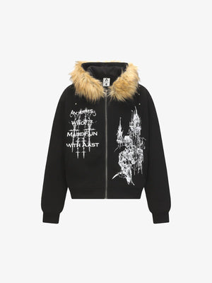 Zip Hoodie mit Fellkapuze – Schwarz, Vorderansicht | XoKool