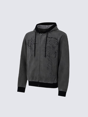 Gothic script zip up hoodie – Charcoal, 3/4 flat | XoKool