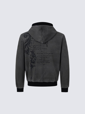 Gothic script zip up hoodie – Charcoal, back flat | XoKool
