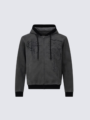 Gothic Script Print Zip Up Hoodie – Charcoal, front flat | XoKool