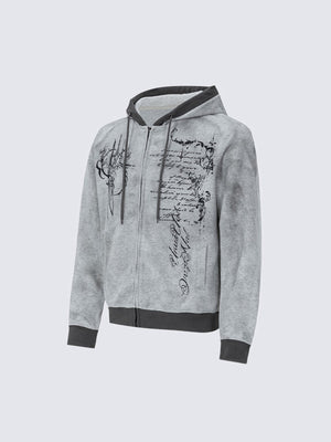 Gothic Script Print Zip Up Hoodie – Grey, 3/4 flat | XoKool