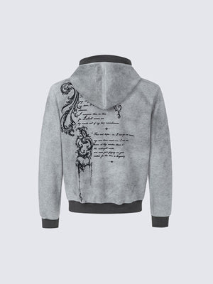 Gothic Script Print Zip Up Hoodie – Grey, back flat | XoKool