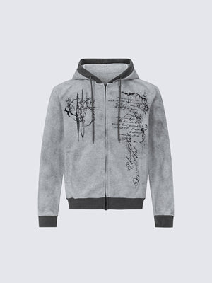 Gothic Script Print Zip Up Hoodie – Grey, front flat | XoKool
