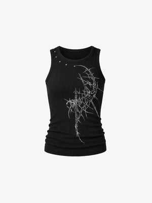 Gothic Thorn Print Ribbed Tank Top – Black, front view | XoKool