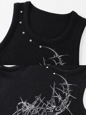 Thorn print tank top – neckline studs and print close-up | XoKool