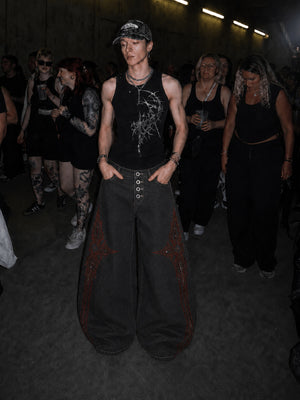 Gothic Thorn Print Ribbed Tank Top – on model, crowd photo front | XoKool