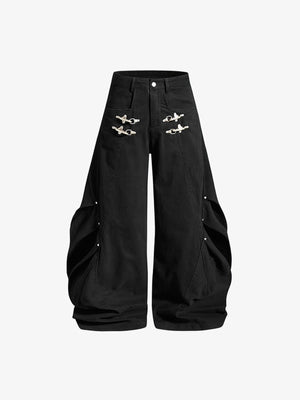 Gothic Wide Leg Hose mit Metallverschlüssen – Schwarz, Vorderseite flach | XoKool